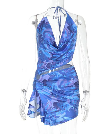 Azure Dream Halter Cowl Neck Cutout Mini Dress | O-Ring Detail & Abstract Print - Fall Party & Vacation Ready