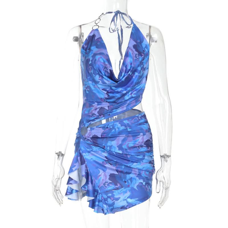 Azure Dream Halter Cowl Neck Cutout Mini Dress | O-Ring Detail & Abstract Print - Fall Party & Vacation Ready
