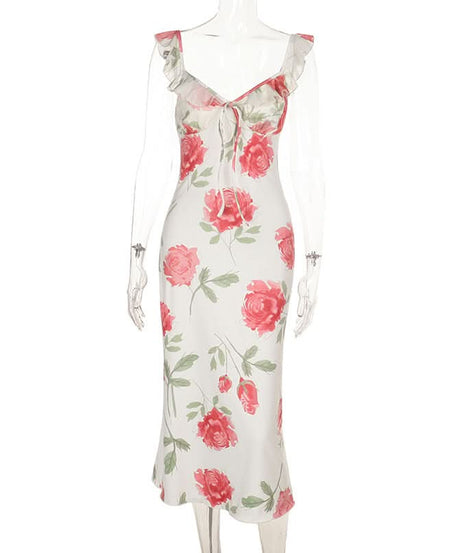 Blush Rose Ruffle Cami Midi Dress | Elegant Floral V-Neck for Fall Weddings & Resort Getaways