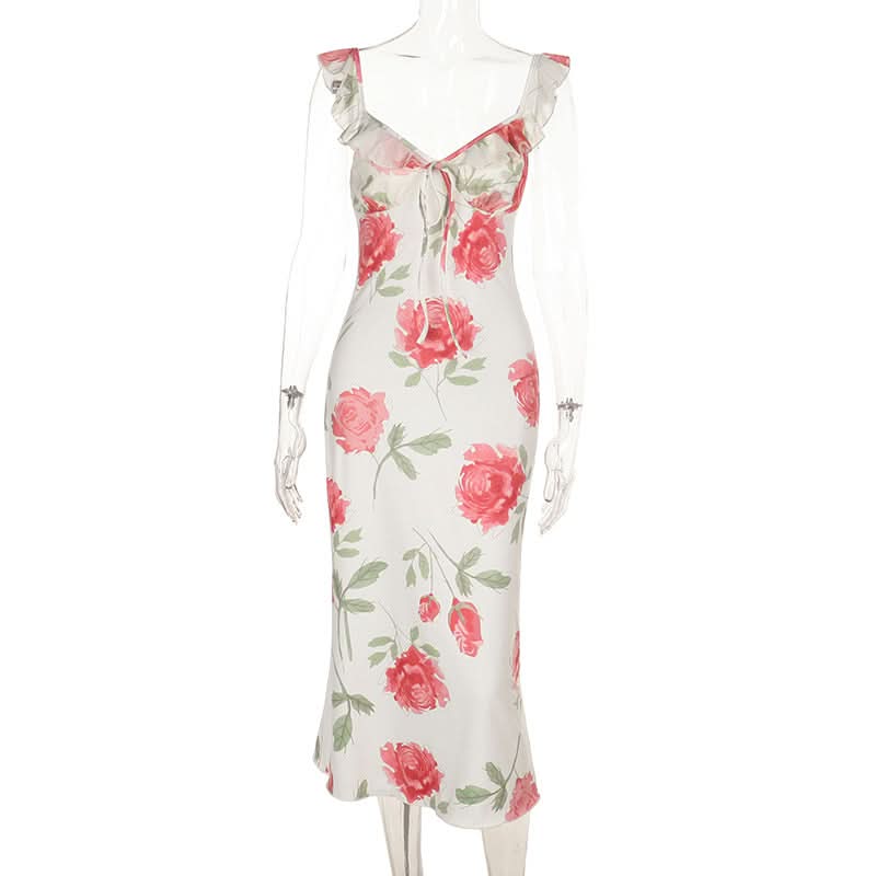 Blush Rose Ruffle Cami Midi Dress | Elegant Floral V-Neck for Fall Weddings & Resort Getaways