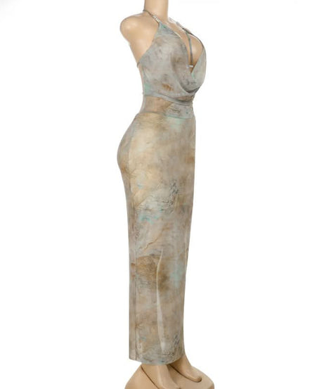 Artisan Serenity Halter Maxi Dress: Chic Cowl Neck & High Slit for Fall & Holiday Soirées