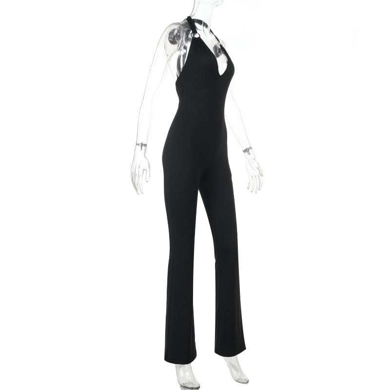 Sleek O-Ring Halter V-Neck Jumpsuit - Effortless Fall & Holiday Chic