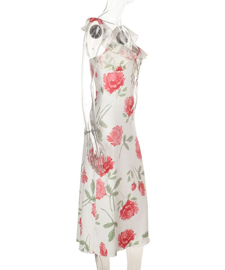Blush Rose Ruffle Cami Midi Dress | Elegant Floral V-Neck for Fall Weddings & Resort Getaways