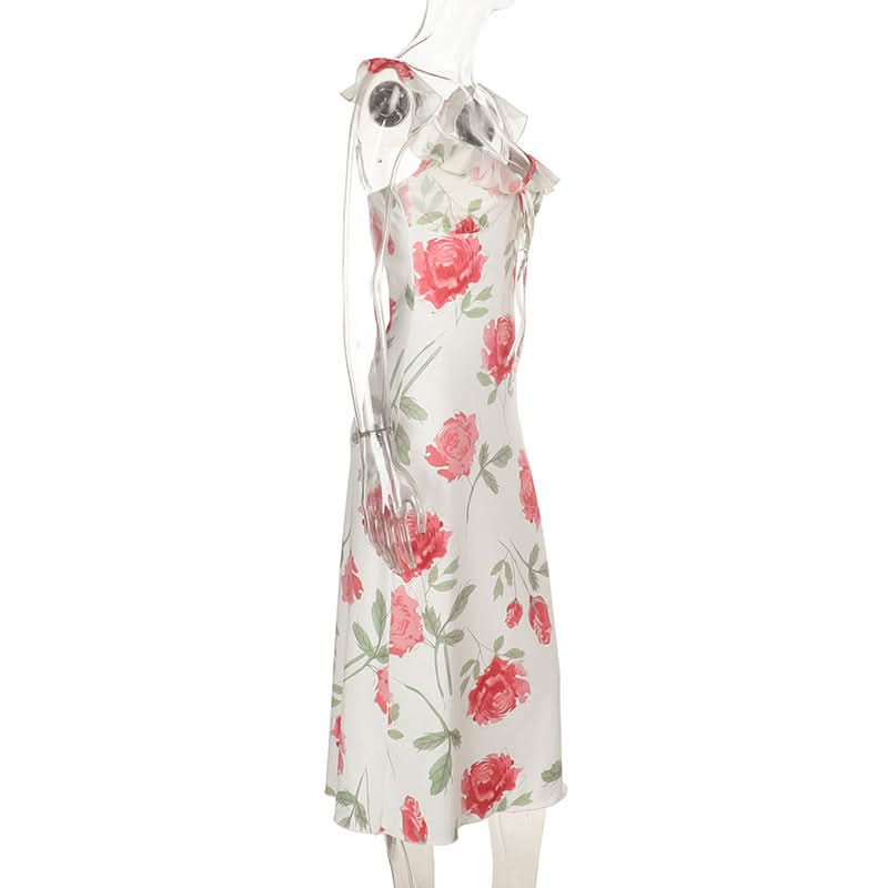 Blush Rose Ruffle Cami Midi Dress | Elegant Floral V-Neck for Fall Weddings & Resort Getaways
