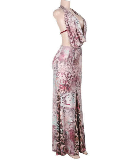 Autumn Allure: Abstract Animal Print Halter Maxi Dress with Draped Cowl Neck & Waist Cut-Outs