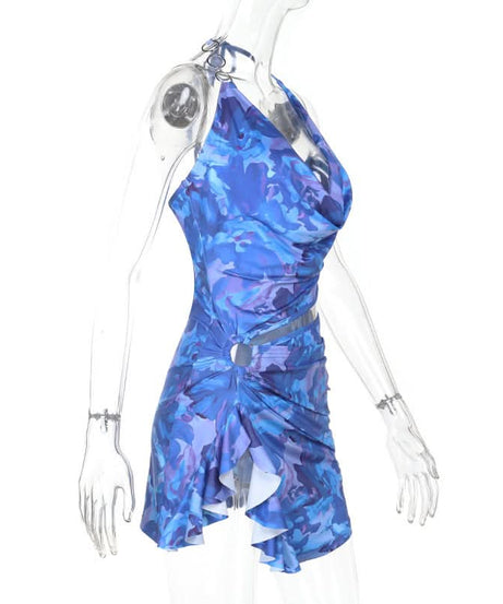Azure Dream Halter Cowl Neck Cutout Mini Dress | O-Ring Detail & Abstract Print - Fall Party & Vacation Ready