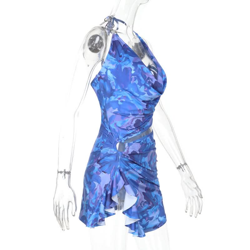 Azure Dream Halter Cowl Neck Cutout Mini Dress | O-Ring Detail & Abstract Print - Fall Party & Vacation Ready