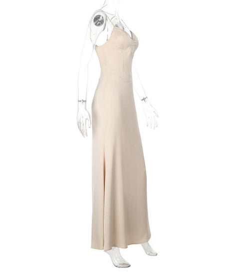 Timeless Champagne V-Neck Corset Bodice Maxi Dress - Fall Wedding & Holiday Gala Ready