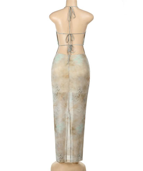 Artisan Serenity Halter Maxi Dress: Chic Cowl Neck & High Slit for Fall & Holiday Soirées