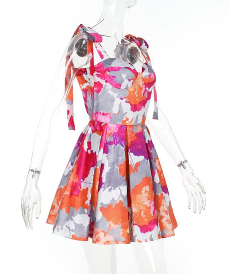 Vibrant Bloom Halter Mini Dress - Sweetheart Neckline, Pleated Skater Skirt - Perfect for Fall Getaways