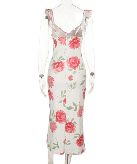 Blush Rose Ruffle Cami Midi Dress | Elegant Floral V-Neck for Fall Weddings & Resort Getaways
