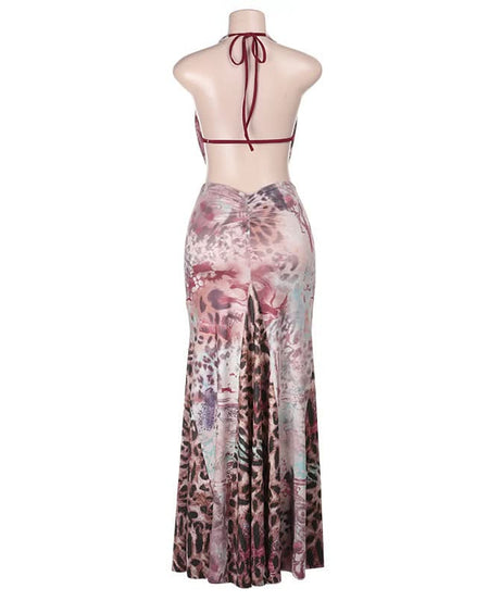 Autumn Allure: Abstract Animal Print Halter Maxi Dress with Draped Cowl Neck & Waist Cut-Outs