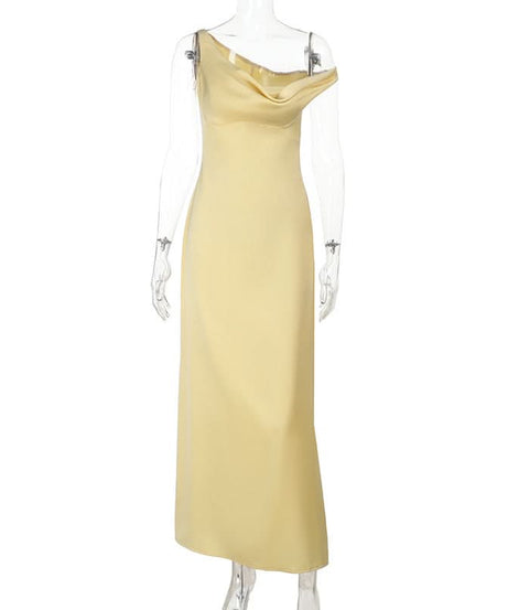 Champagne Dreams: One Shoulder Cowl Neck Satin Maxi Dress - Fall & Holiday Party Glam