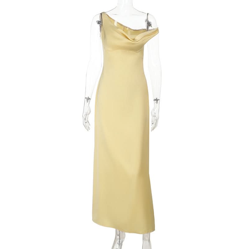 Champagne Dreams: One Shoulder Cowl Neck Satin Maxi Dress - Fall & Holiday Party Glam