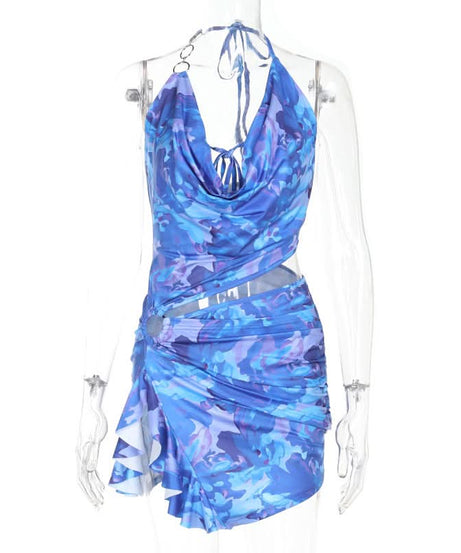 Azure Dream Halter Cowl Neck Cutout Mini Dress | O-Ring Detail & Abstract Print - Fall Party & Vacation Ready