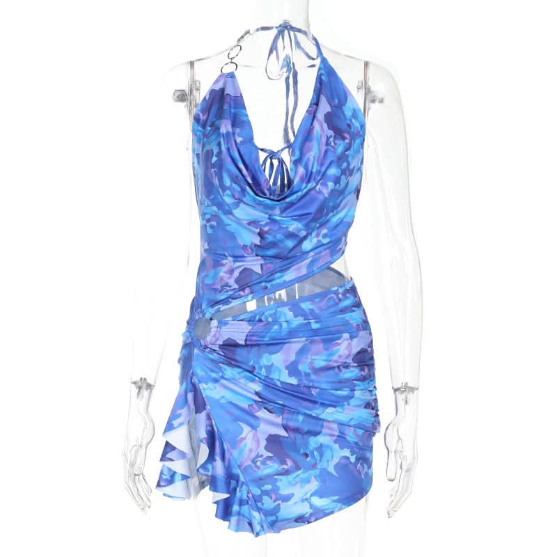 Azure Dream Halter Cowl Neck Cutout Mini Dress | O-Ring Detail & Abstract Print - Fall Party & Vacation Ready