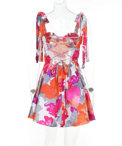 Vibrant Bloom Halter Mini Dress - Sweetheart Neckline, Pleated Skater Skirt - Perfect for Fall Getaways