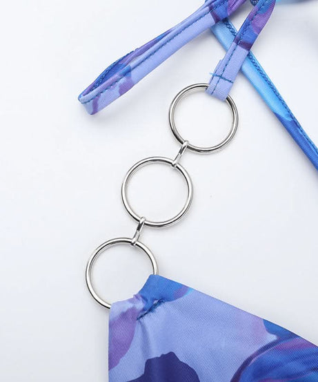 Azure Dream Halter Cowl Neck Cutout Mini Dress | O-Ring Detail & Abstract Print - Fall Party & Vacation Ready