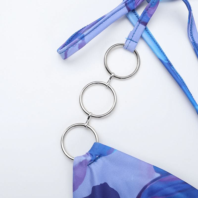 Azure Dream Halter Cowl Neck Cutout Mini Dress | O-Ring Detail & Abstract Print - Fall Party & Vacation Ready