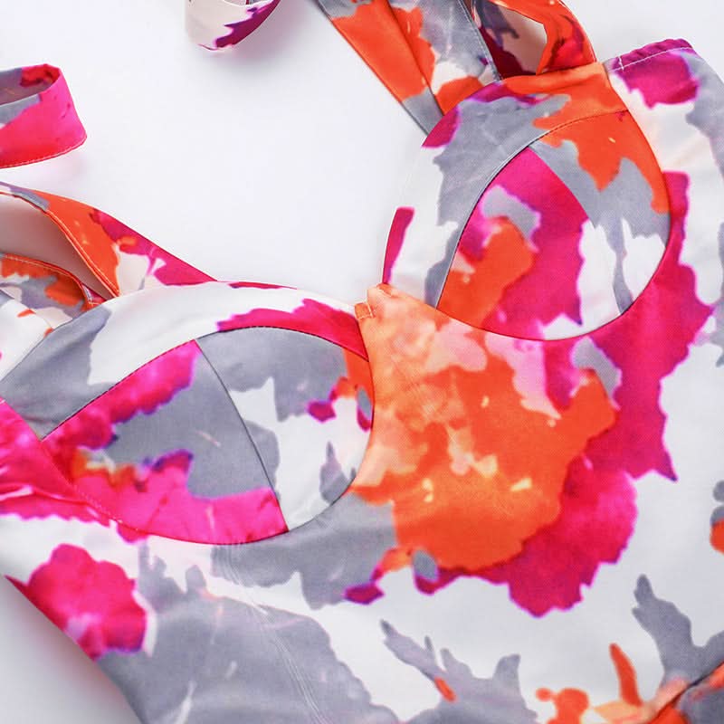 Vibrant Bloom Halter Mini Dress - Sweetheart Neckline, Pleated Skater Skirt - Perfect for Fall Getaways