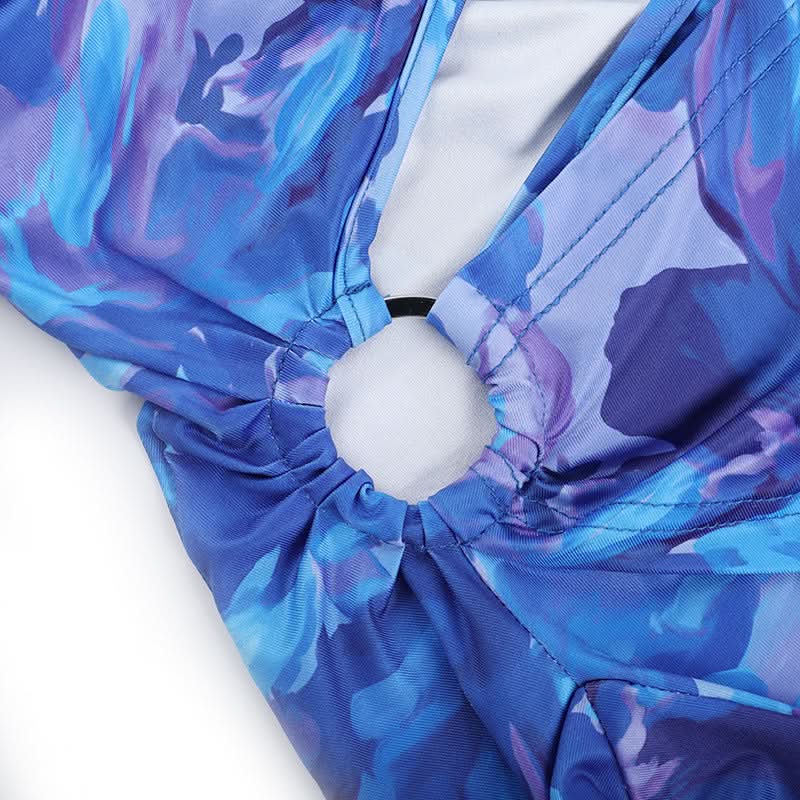 Azure Dream Halter Cowl Neck Cutout Mini Dress | O-Ring Detail & Abstract Print - Fall Party & Vacation Ready