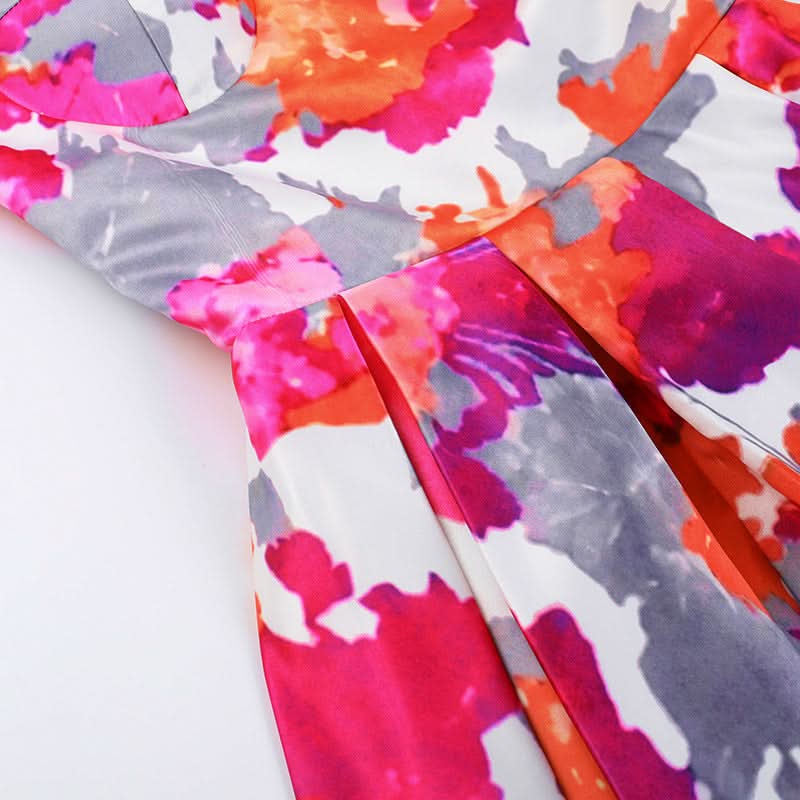 Vibrant Bloom Halter Mini Dress - Sweetheart Neckline, Pleated Skater Skirt - Perfect for Fall Getaways