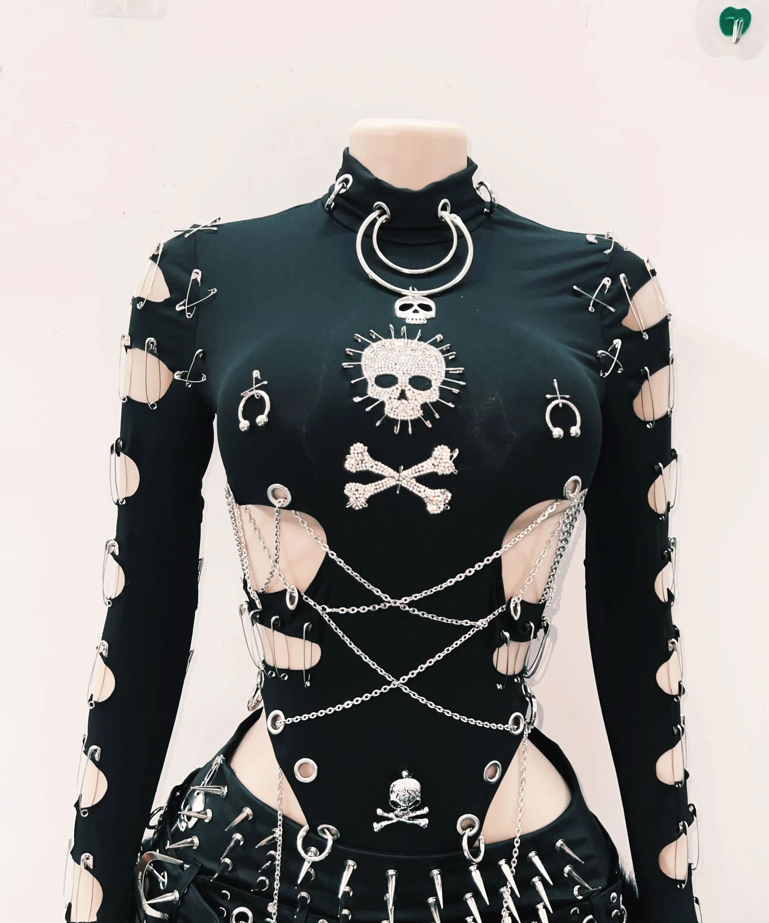 Women's Edgy Gothic Bodysuit: Skull, Chains & Safety Pin Cut-Outs | Halloween & Fall Concert Ready