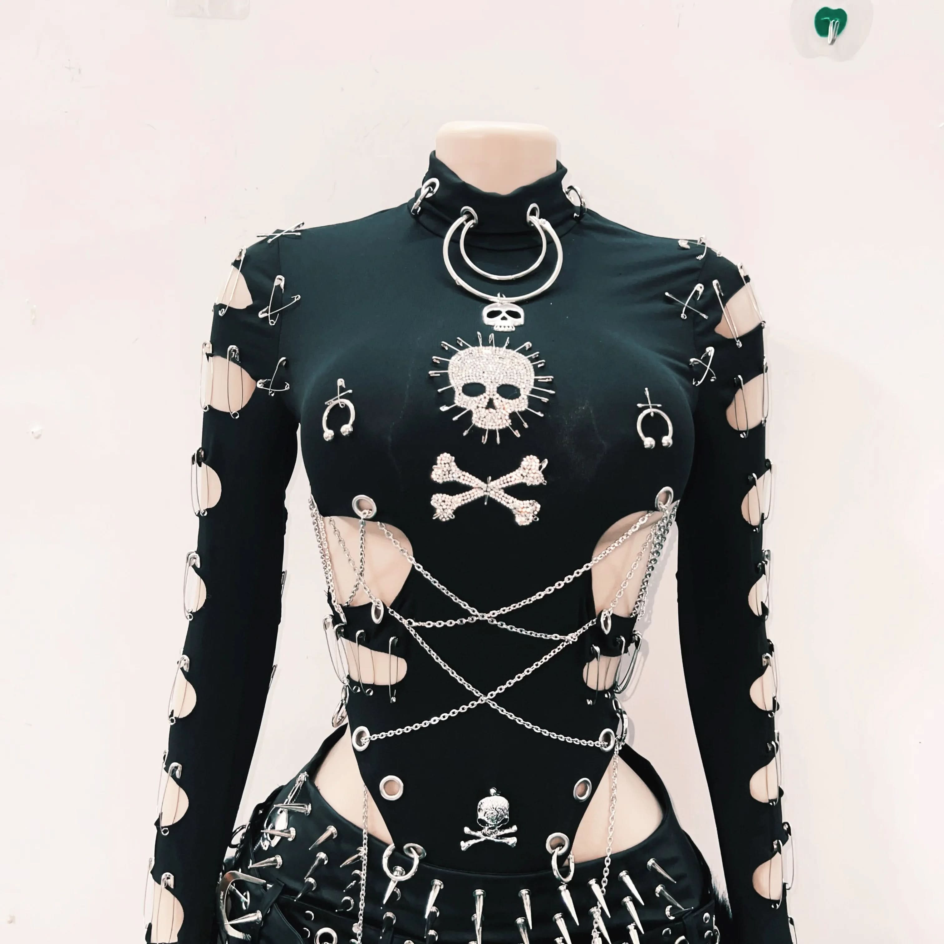 Women's Edgy Gothic Bodysuit: Skull, Chains & Safety Pin Cut-Outs | Halloween & Fall Concert Ready