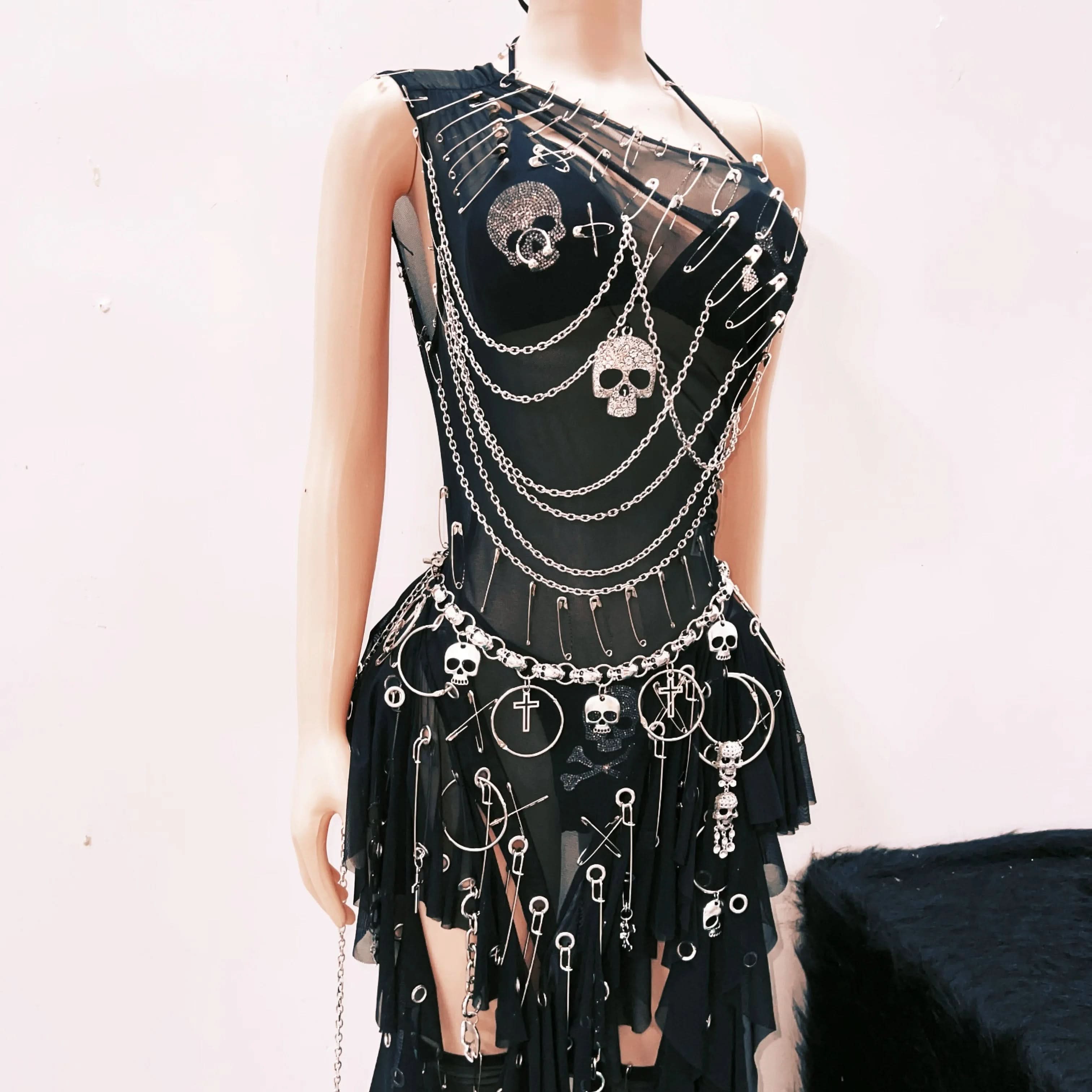 Gothic Glam Skull & Chain Jumpsuit for Women - Edgy Halloween & Festival Outfit