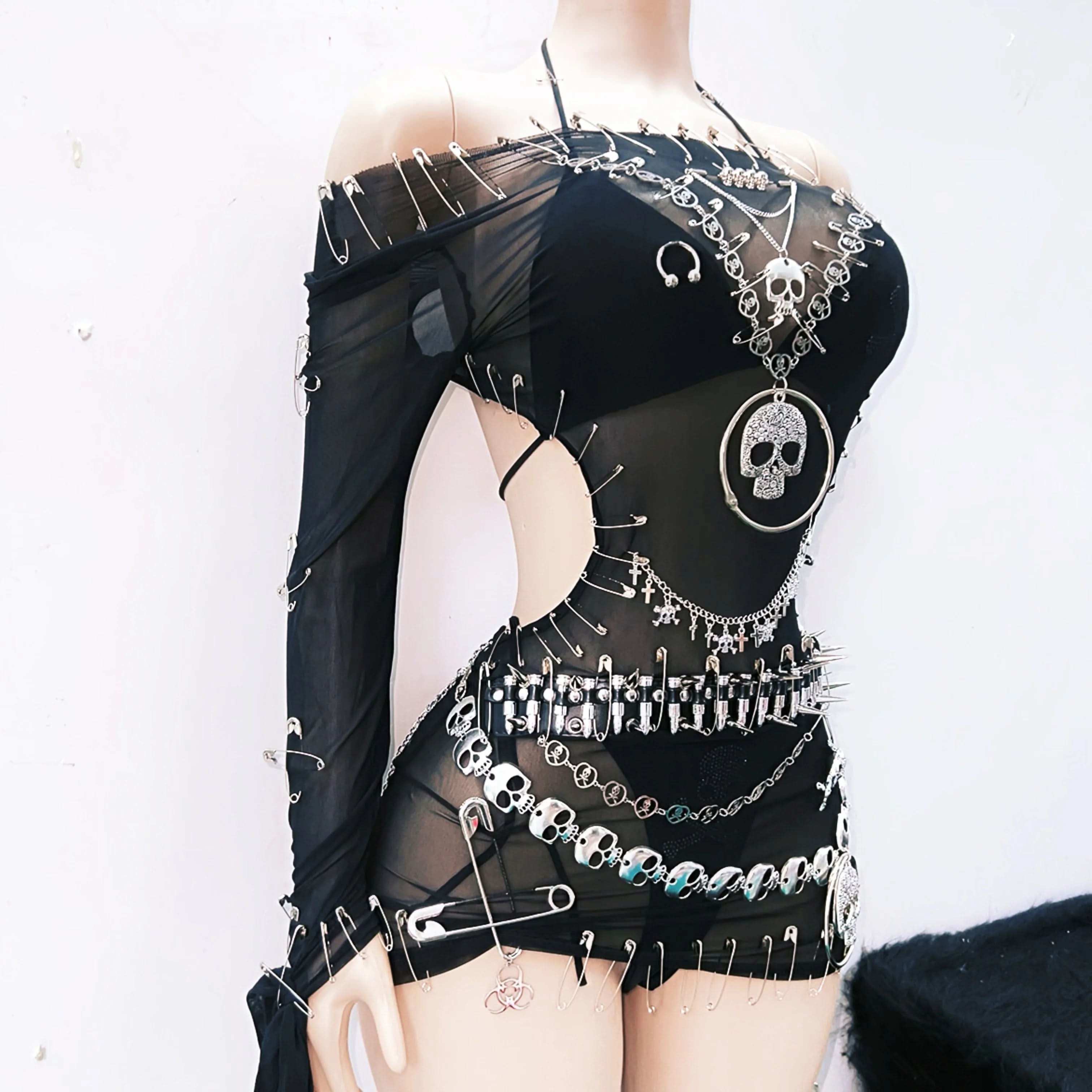 Edgy Gothic Punk Skull Mini Dress - Safety Pin & Sheer Halloween Festival Outfit