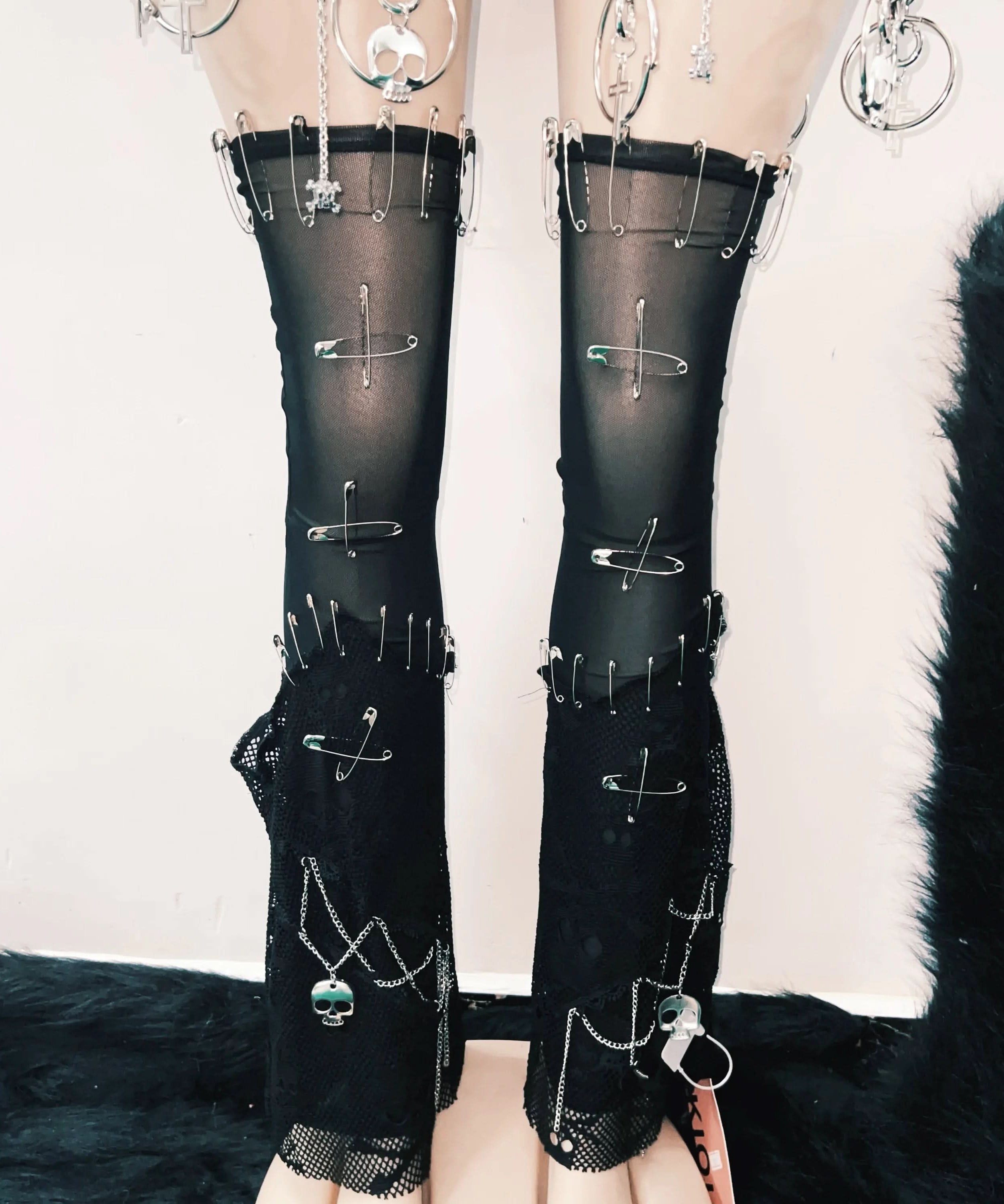 Women's Edgy Gothic Bodysuit: Skull, Chains & Safety Pin Cut-Outs | Halloween & Fall Concert Ready