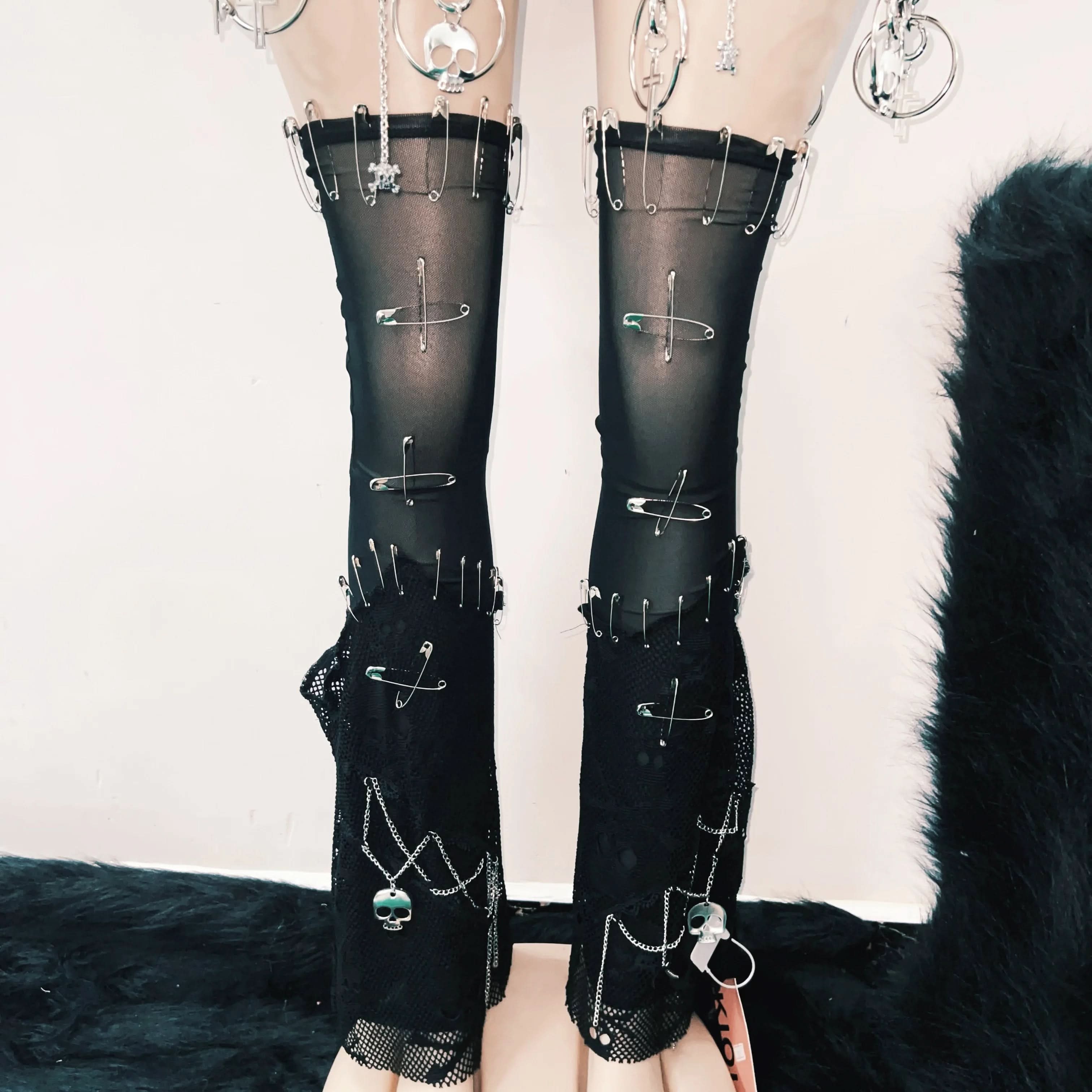 Women's Edgy Gothic Bodysuit: Skull, Chains & Safety Pin Cut-Outs | Halloween & Fall Concert Ready