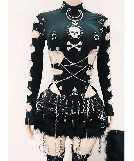Women's Edgy Gothic Bodysuit: Skull, Chains & Safety Pin Cut-Outs | Halloween & Fall Concert Ready