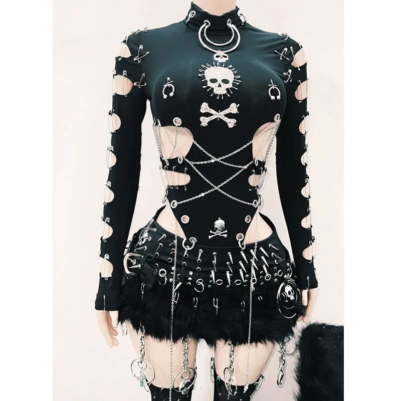 Women's Edgy Gothic Bodysuit: Skull, Chains & Safety Pin Cut-Outs | Halloween & Fall Concert Ready