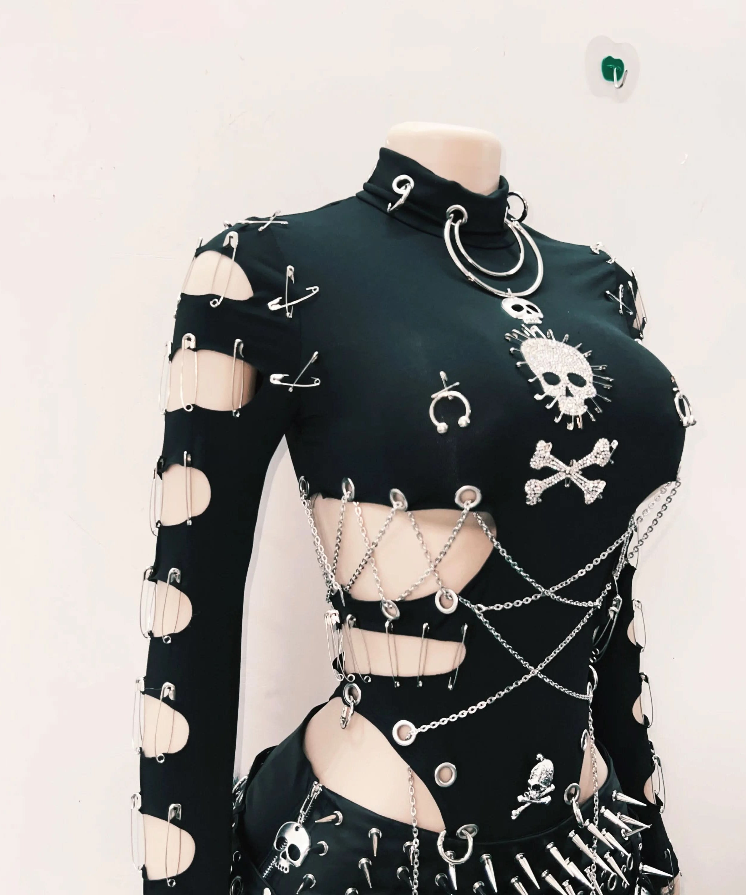 Women's Edgy Gothic Bodysuit: Skull, Chains & Safety Pin Cut-Outs | Halloween & Fall Concert Ready