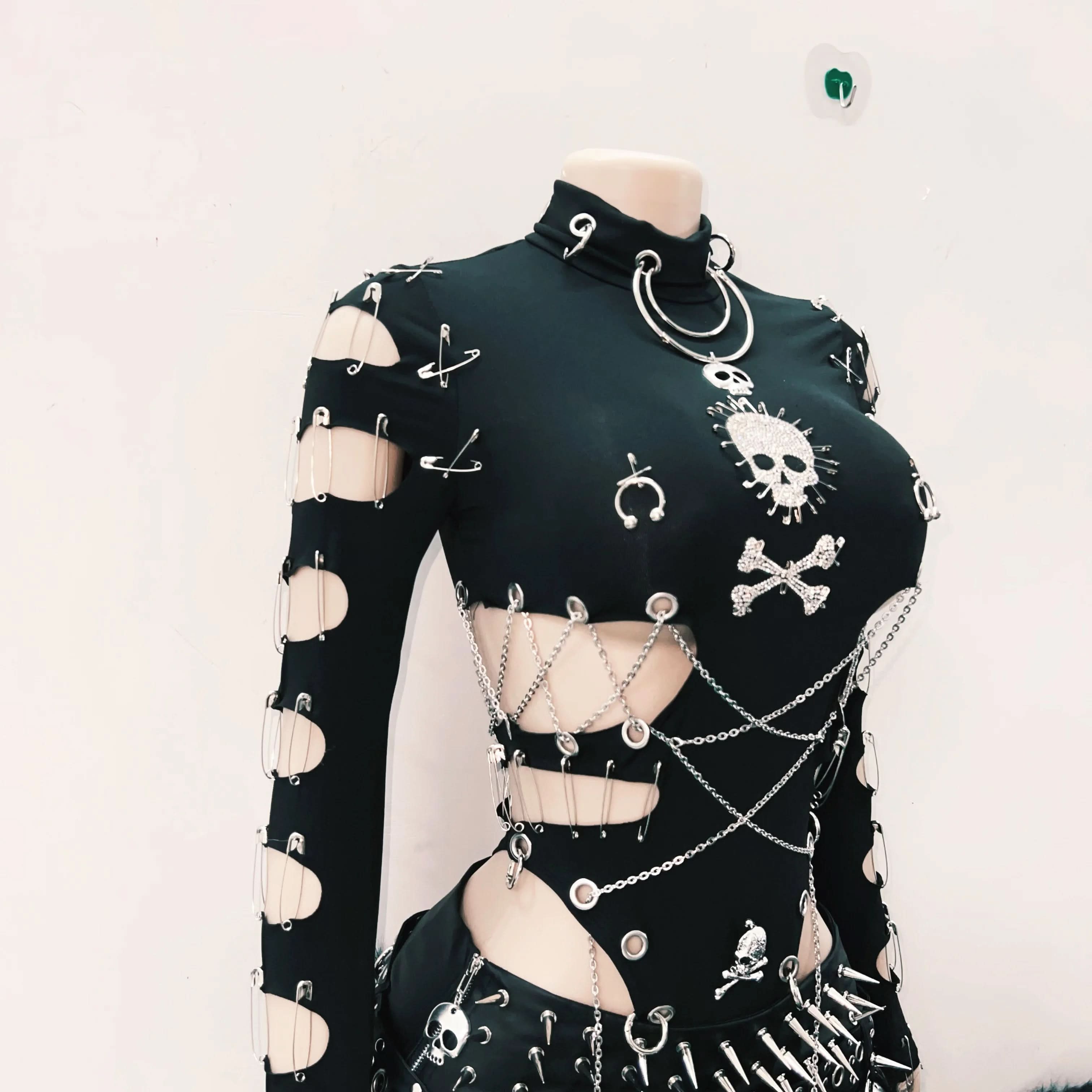 Women's Edgy Gothic Bodysuit: Skull, Chains & Safety Pin Cut-Outs | Halloween & Fall Concert Ready