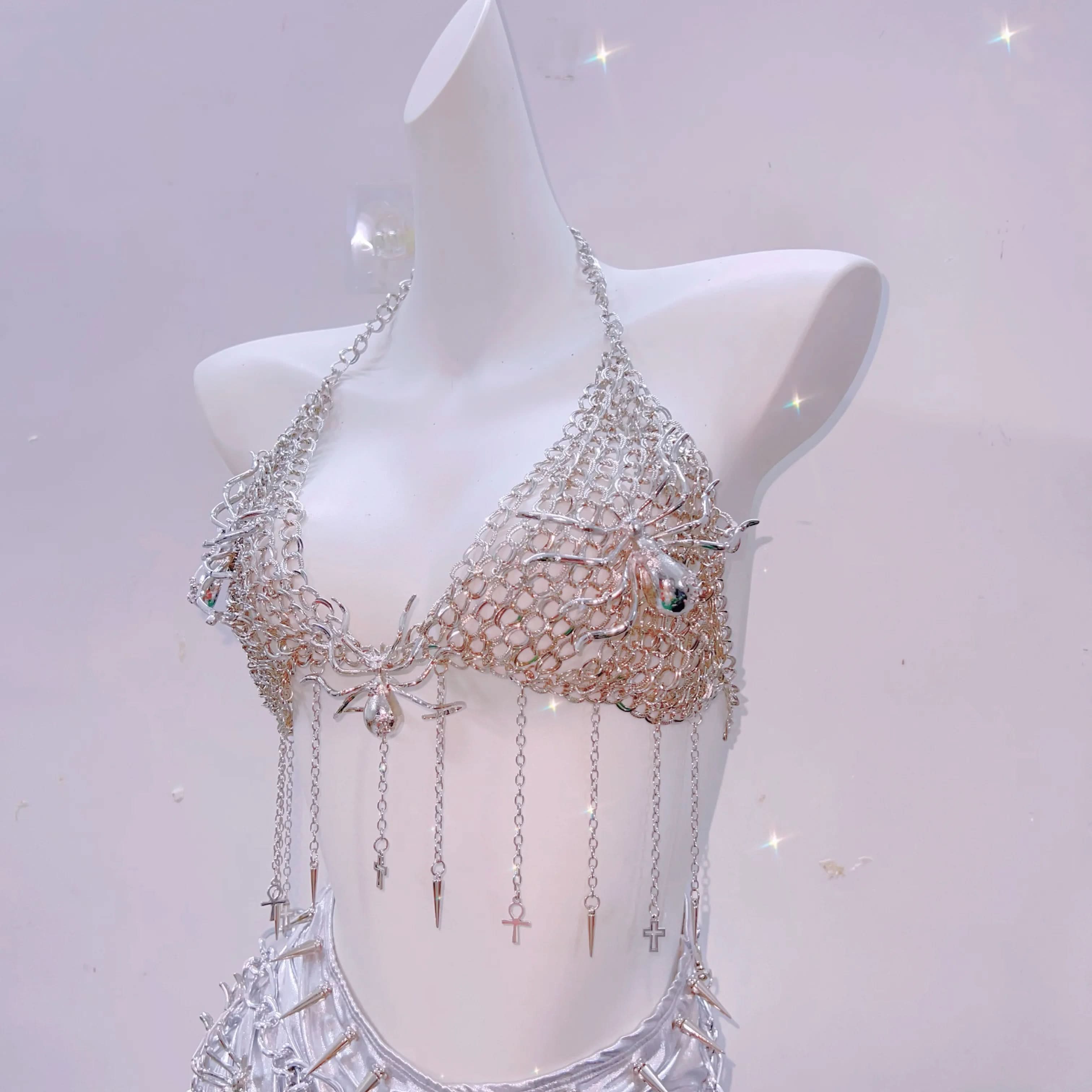 Wicked Spider Web Chain Halter Bralette | Goth Halloween Top & Festival Rave Wear for Women