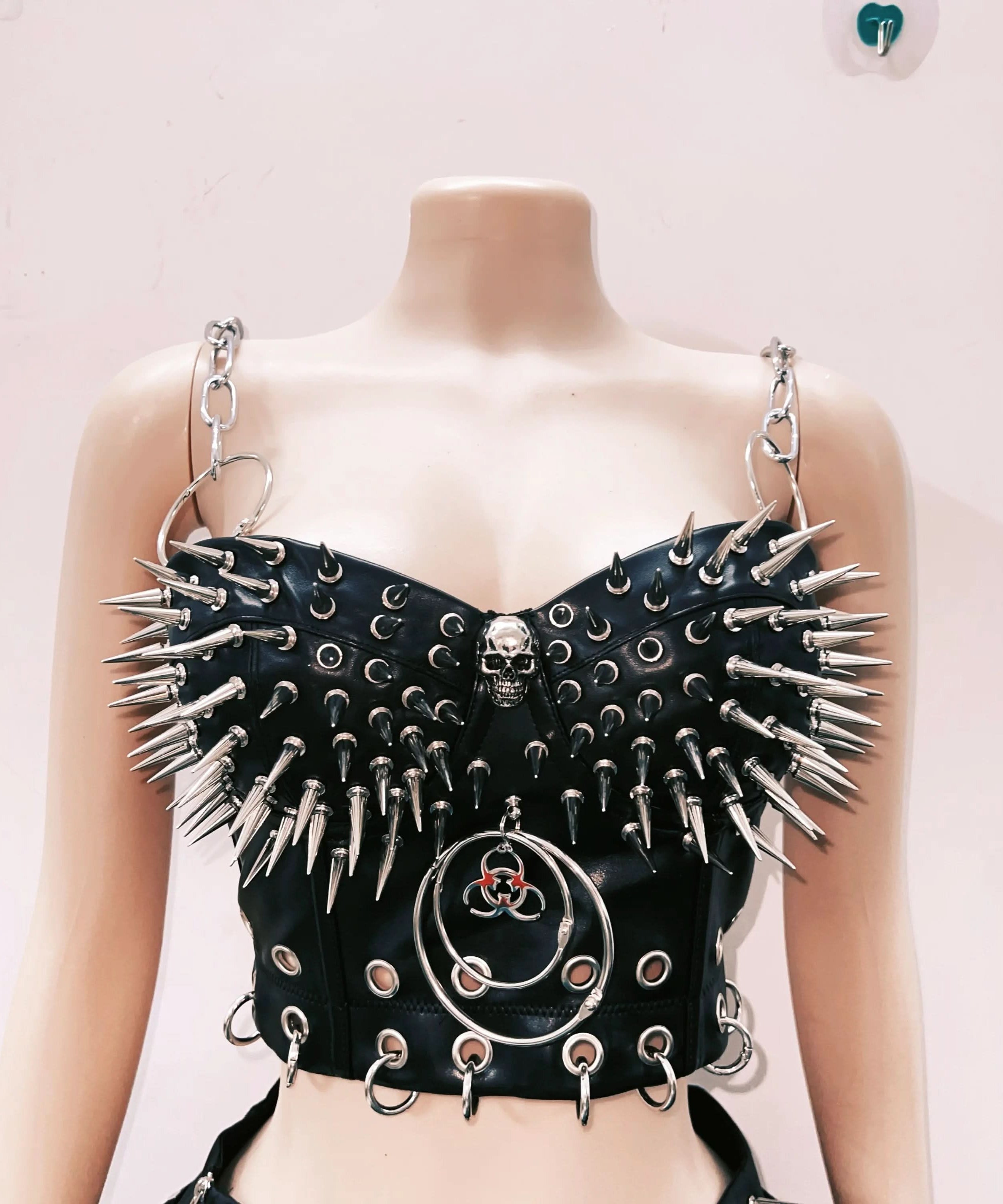 Spiked Skull Faux Leather Chain Bustier Top – Edgy Goth Punk & Halloween Rave Statement