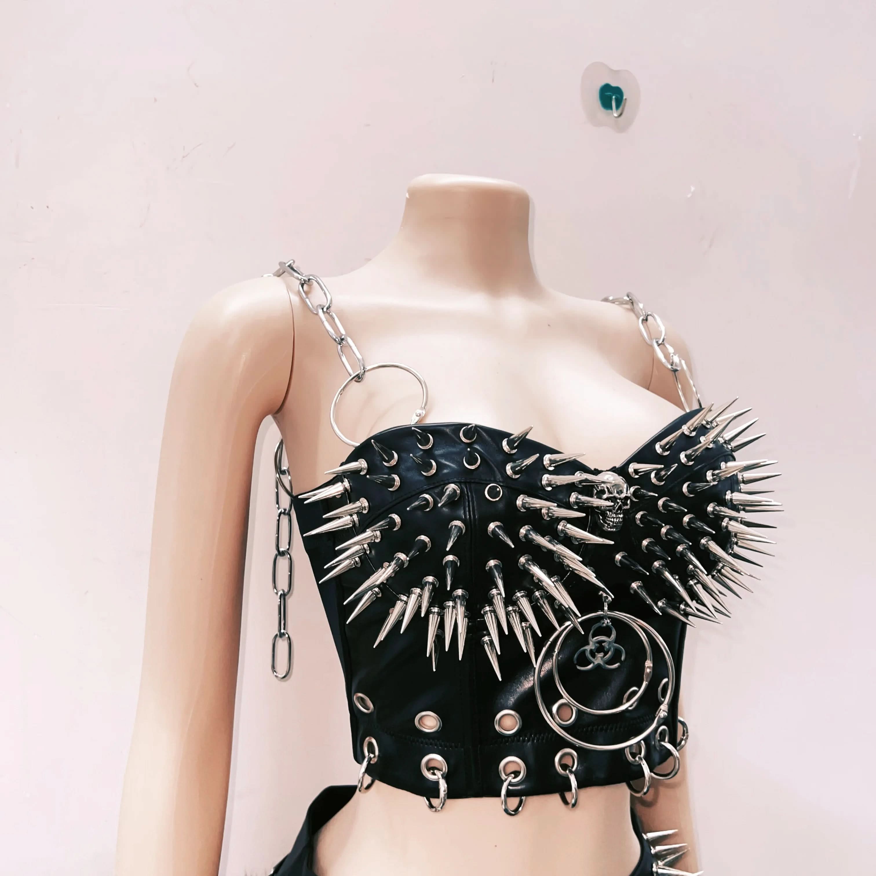Spiked Skull Faux Leather Chain Bustier Top – Edgy Goth Punk & Halloween Rave Statement