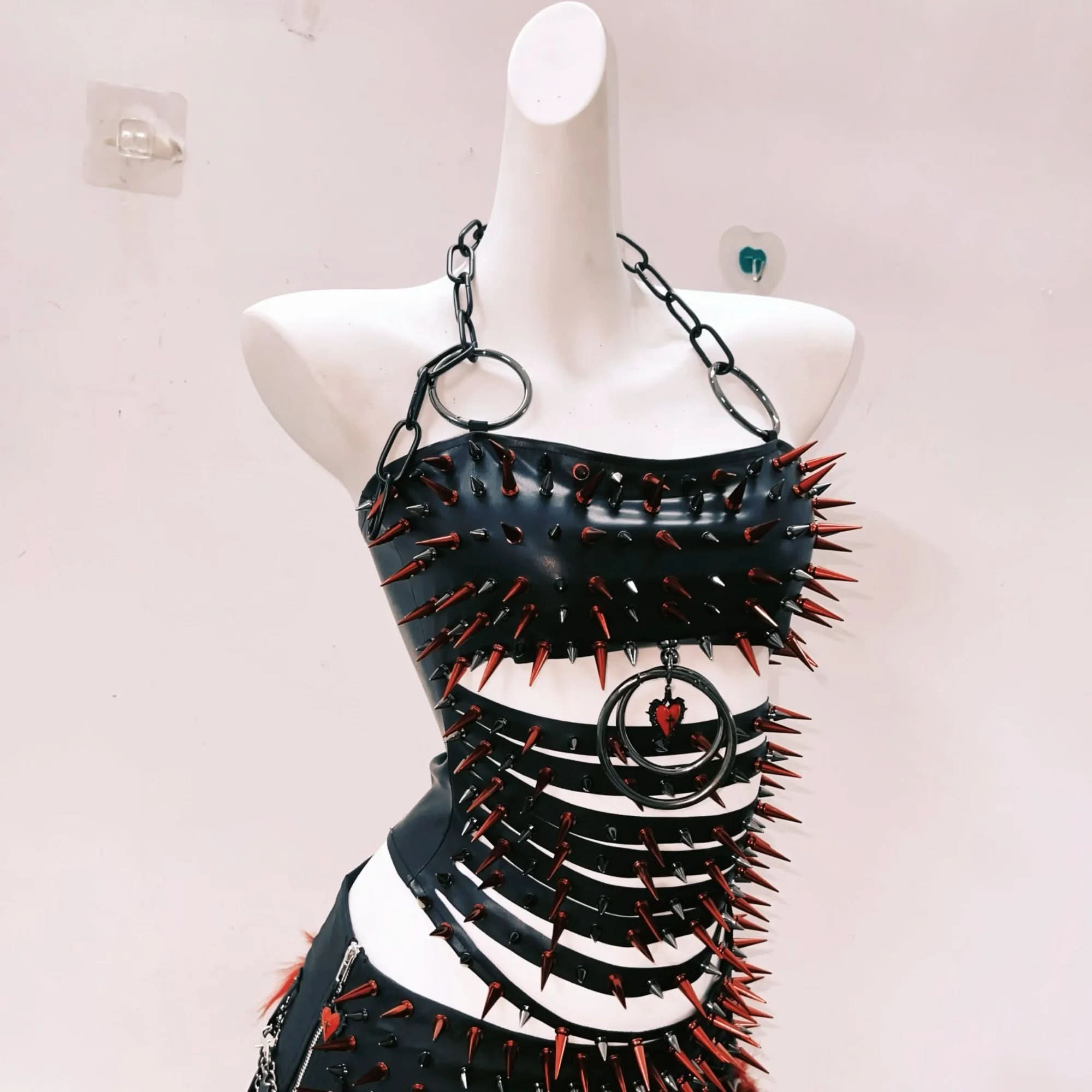 Fierce Gothic Spiked & Faux Fur Mini Set with Lace Shrug - Halloween & Festival Ready