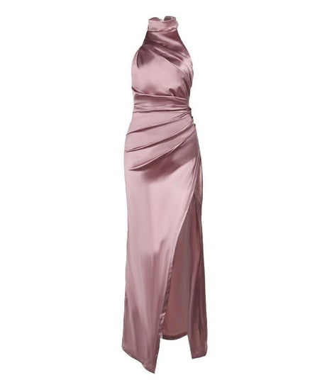 Enchanting Dusty Rose Satin Halter Gown - Ruched Maxi with High Slit for Fall & Holiday Glamour