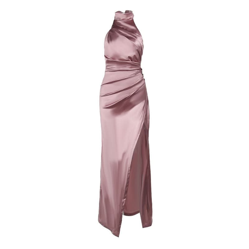Enchanting Dusty Rose Satin Halter Gown - Ruched Maxi with High Slit for Fall & Holiday Glamour