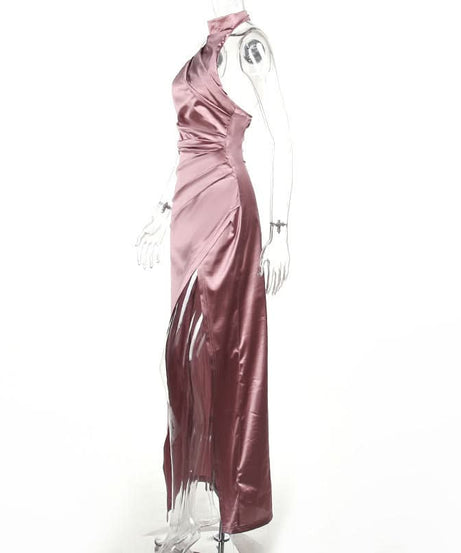 Enchanting Dusty Rose Satin Halter Gown - Ruched Maxi with High Slit for Fall & Holiday Glamour