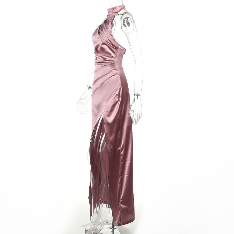 Enchanting Dusty Rose Satin Halter Gown - Ruched Maxi with High Slit for Fall & Holiday Glamour