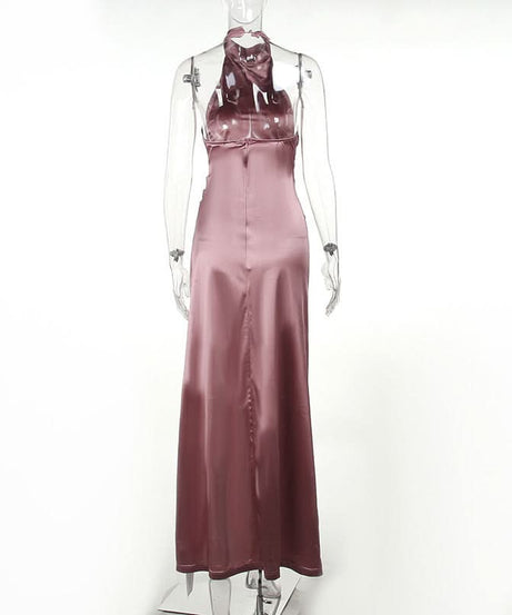 Enchanting Dusty Rose Satin Halter Gown - Ruched Maxi with High Slit for Fall & Holiday Glamour