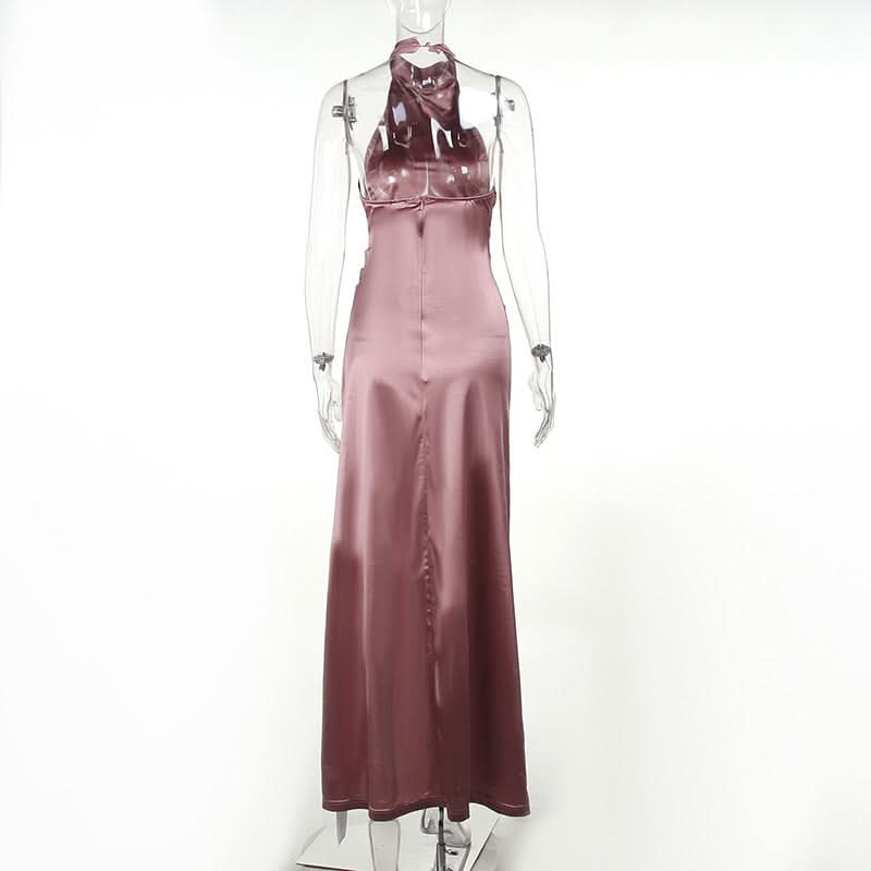 Enchanting Dusty Rose Satin Halter Gown - Ruched Maxi with High Slit for Fall & Holiday Glamour