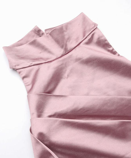Enchanting Dusty Rose Satin Halter Gown - Ruched Maxi with High Slit for Fall & Holiday Glamour