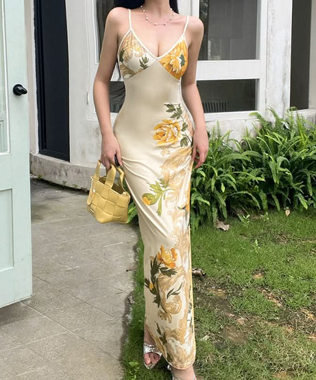 Chic Sage Floral Backless Maxi Dress - V-Neck Elegance for Fall Events & Holiday Escapes