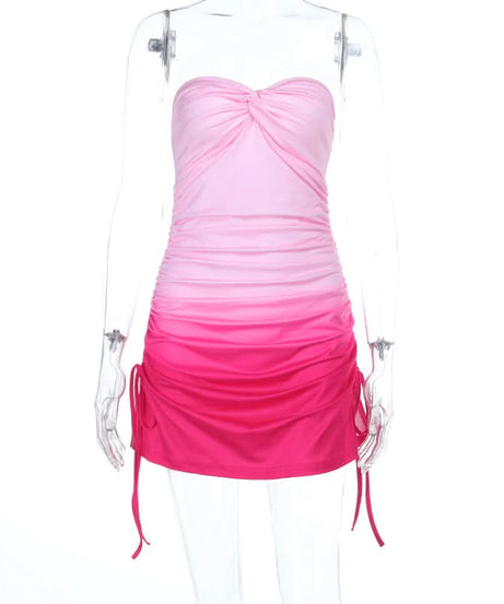 Flirty Pink Ombre Strapless Ruched Mini Dress - Adjustable Bodycon for Fall Parties & Vacations