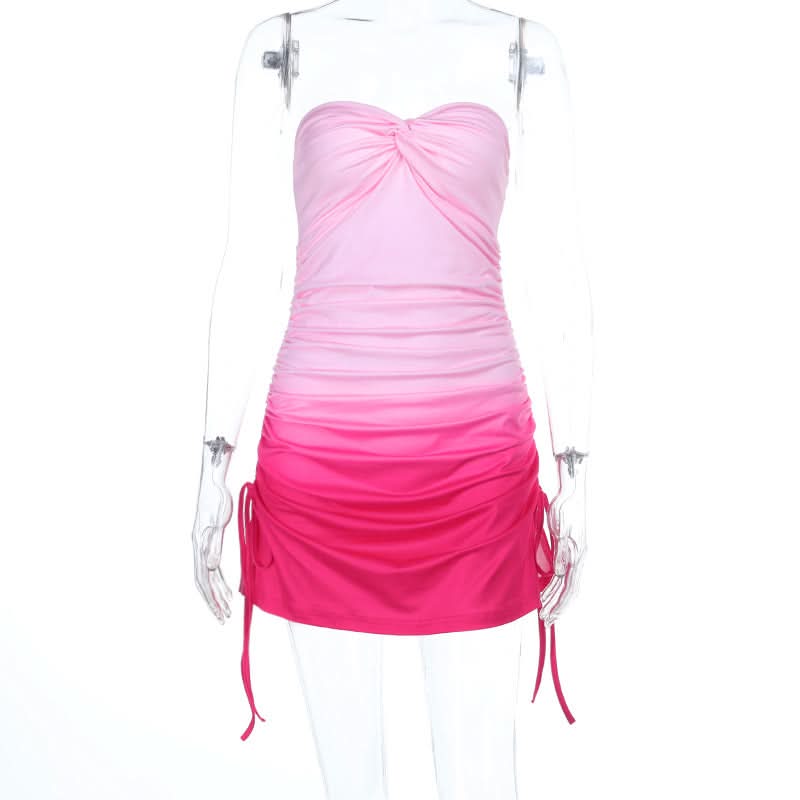 Flirty Pink Ombre Strapless Ruched Mini Dress - Adjustable Bodycon for Fall Parties & Vacations
